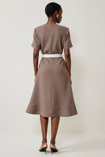 Grey A Line Short Sleeve Work Dress with Belt